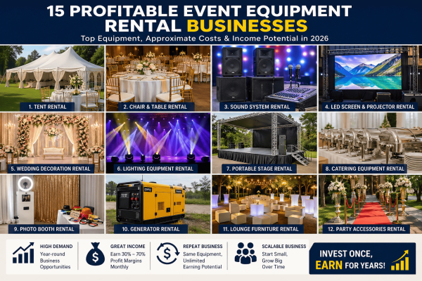 15 Profitable Event Equipment Rental Businesses: Costs, Income & Most-Rented Equipment in 2026